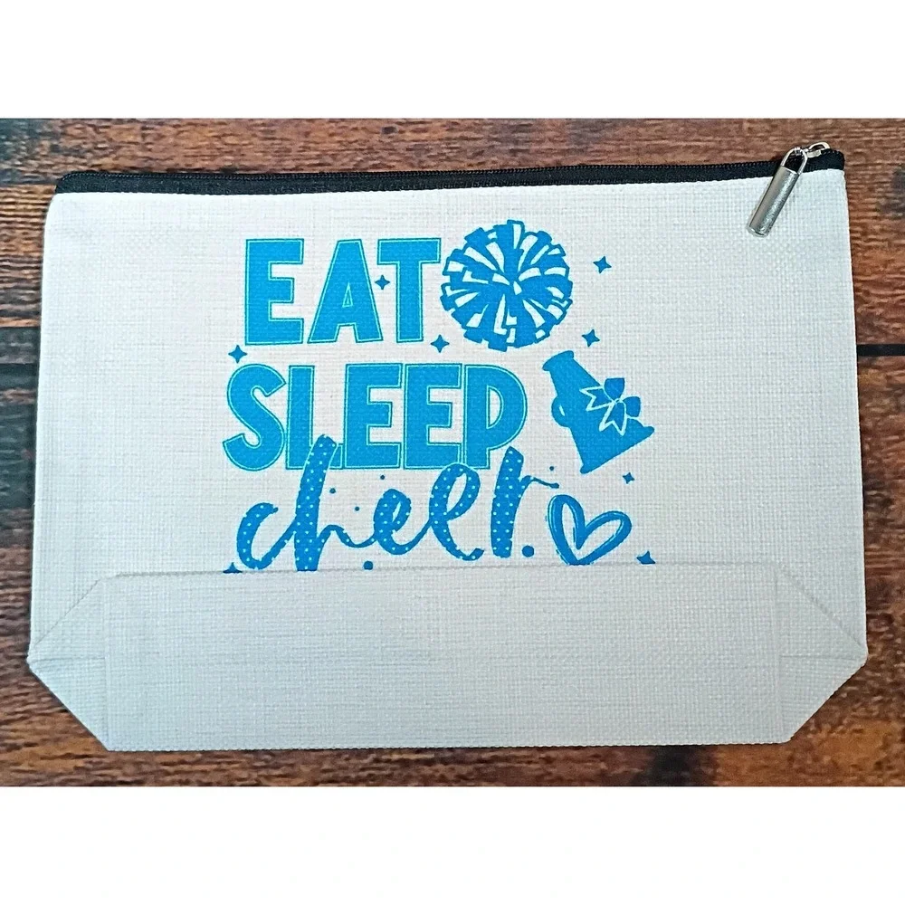 Eat Sleep Cheer Repeat Canvas Makeup Bag Blue Cheerleading Pouch Organizer‎